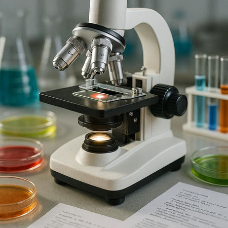Microscope and Petri dishes on table in laboratory. Scientific research and development concept