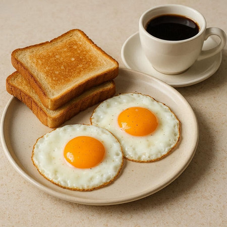 Breakfast with fried eggs and toast on a plate, square imageの写真素材