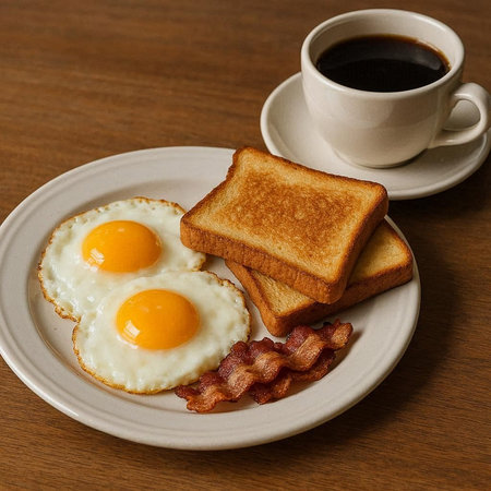 Breakfast with fried eggs, toasts and coffee on wooden table