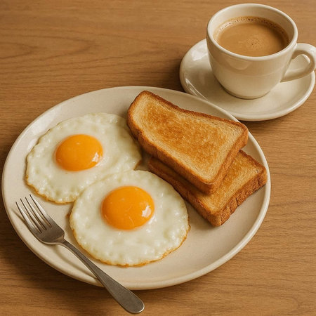 Breakfast with fried eggs, toast and coffee on wooden table.の写真素材