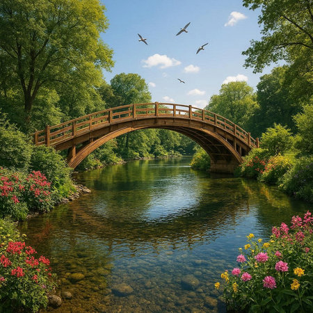 Wooden bridge over the river in the park with birds and flowers