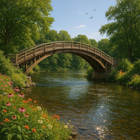 Bridge over the river in the park. Summer landscape with a wooden bridge.の写真素材