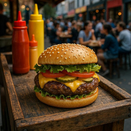 Hamburger with cheese, lettuce, tomato and cucumber on wooden tableの写真素材