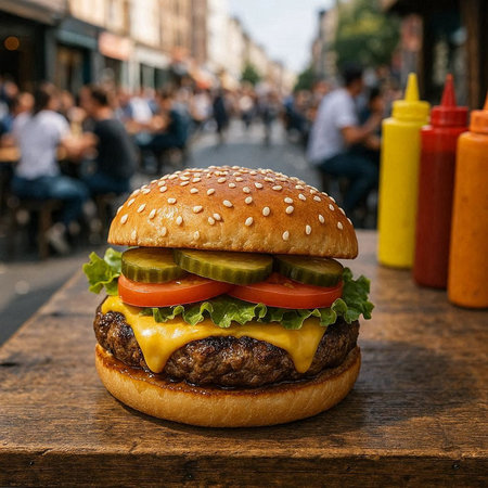 Cheeseburger with cheese, tomato, cucumber and lettuceの写真素材