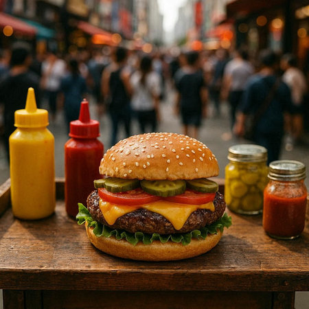 Cheeseburger on a wooden table. Street food concept.の写真素材