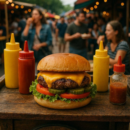 Cheeseburger on a wooden table with blurred people in the backgroundの写真素材