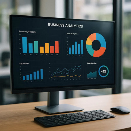 Business Data Analytics Diagram Statistics Information Concept. Business Graph Chart on Computer...