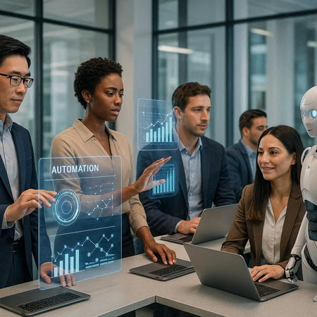 multiethnic business people working with laptop and digital interface in office