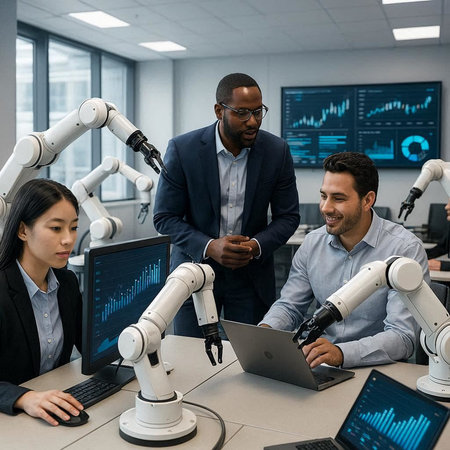 Group of young business people working with robots in modern office. Teamwork concept
