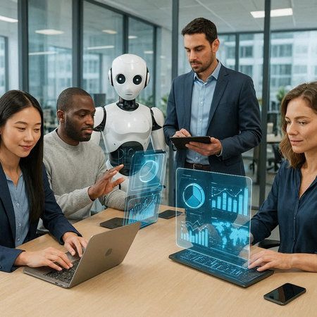 multiethnic businesspeople using laptop and smartphone while working with robot in office