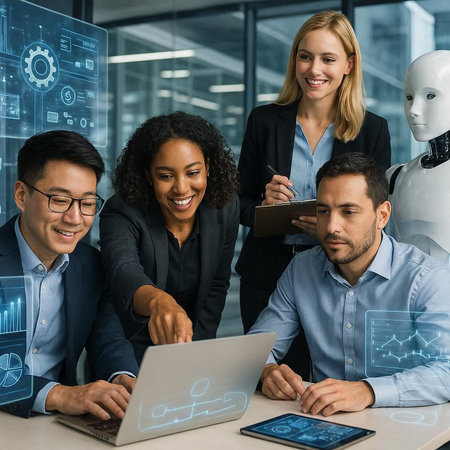 Group of happy young business people in smart casual wear working together in modern office with...