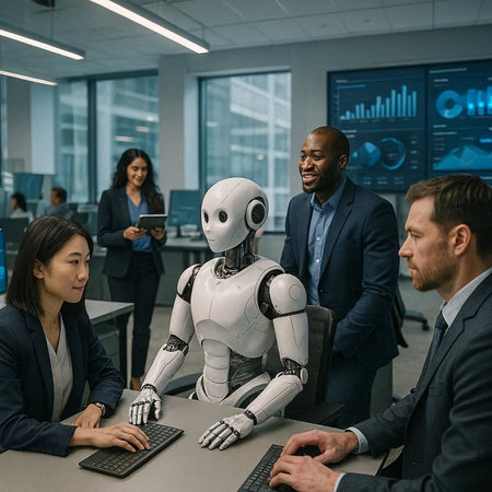 Group of diverse business people working together in modern office using robots and computers.