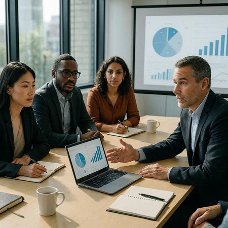 multiethnic businesspeople working with laptop in boardroom during meeting