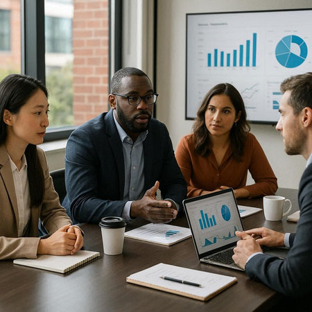 Group of multiethnic business people working and communicating together in office