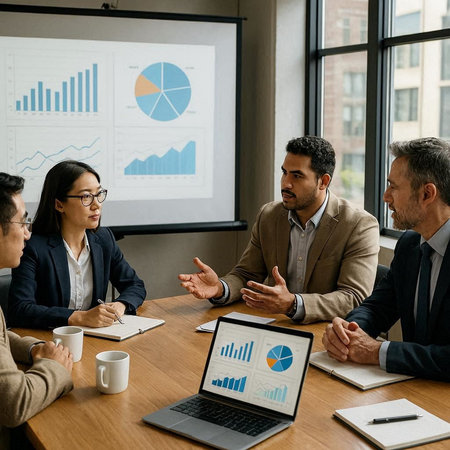 Business people having a meeting in the office. Business people discussing the charts and graphs...
