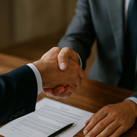 Handshake of business partners after signing a contract. Close-up.