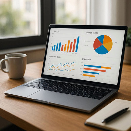 Business Graph Analysis Marketing Planning Concept. Laptop screen with business chart.