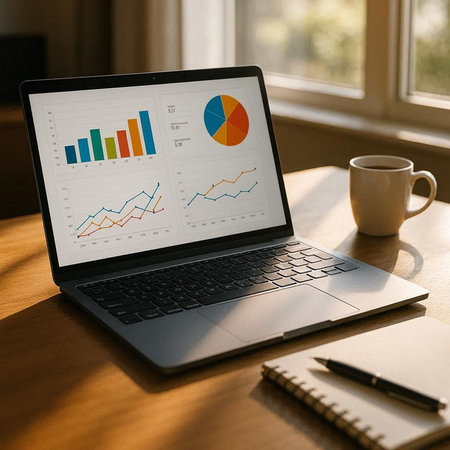 Laptop screen displaying a business analysis concept on a desk with a cup of coffee