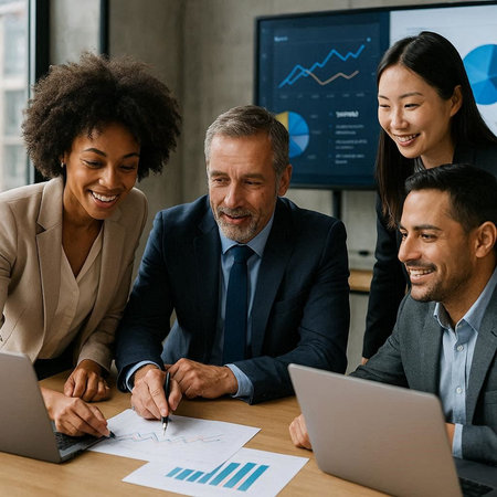 Smiling business people working together in office. Business people working together.