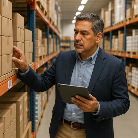 Portrait of mature businessman using digital tablet in warehouse. This is a freight transportation...