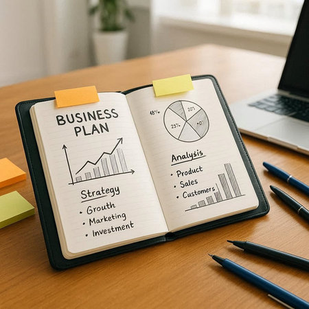 Business plan concept drawn on a notepad with a laptop and stationary