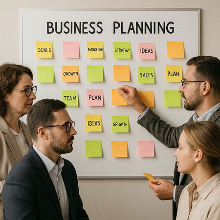 Business planning concept on a whiteboard with business people in the background