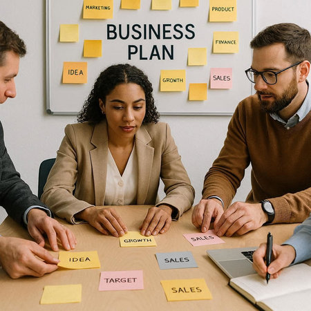 Group of multiethnic business people brainstorming together at office desk