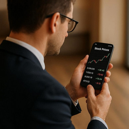 businessman holding smartphone with stock market app on screen and looking at it