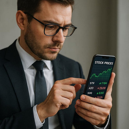 businessman in eyeglasses using smartphone with stock market graph on screen