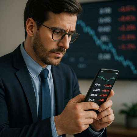 businessman in eyeglasses using smartphone with stock market graph on screen