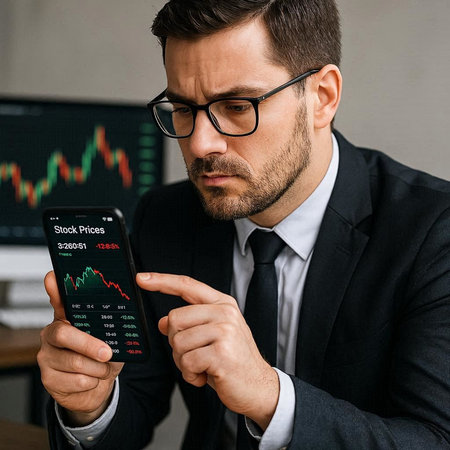 Handsome businessman in suit and eyeglasses using smartphone with stock market chart on screen