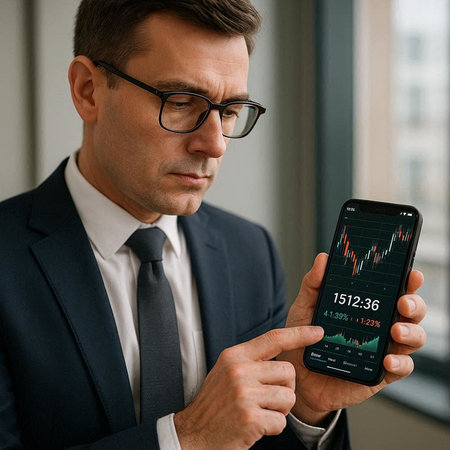 Businessman using smartphone with financial chart on screen. Portrait of businessman in eyeglasses...