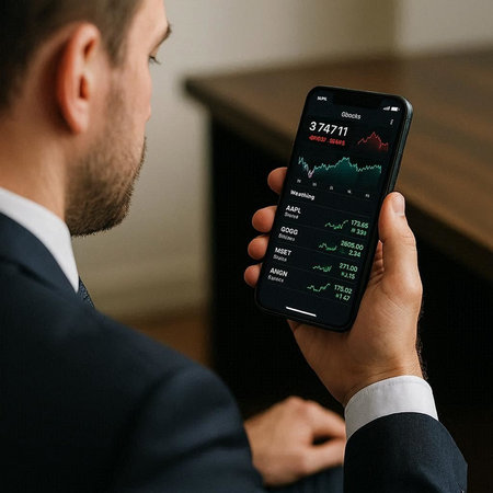 businessman holding smartphone with stock market chart on screen, stock market concept