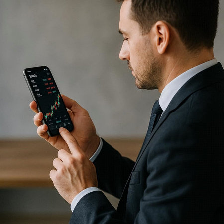 Side view of businessman using smartphone with stock market graph on screen.
