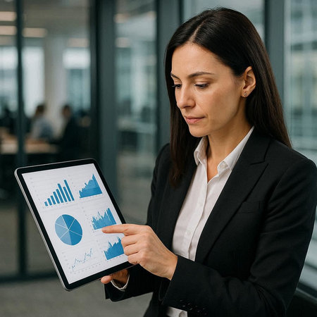 Businesswoman pointing at digital tablet with financial charts on screen in office