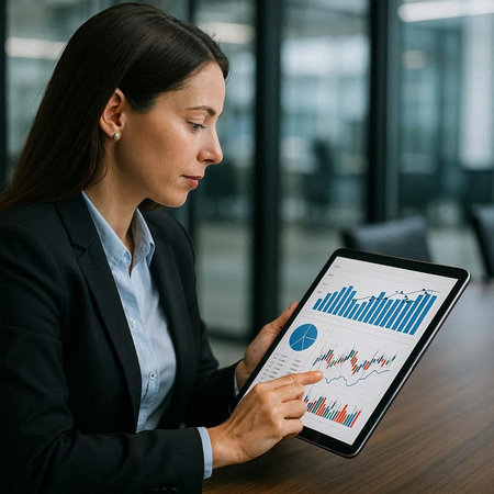 Side view of businesswoman using digital tablet with graphs on screen in office