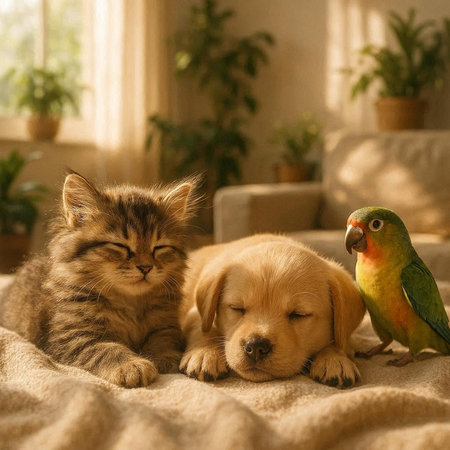 Cat and dog playing together at home. Golden retriever, orange cat and parrot.