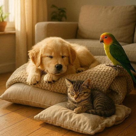 Golden Retriever, cat and parrot sitting together on a pillow.