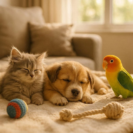 Cat and dog lying on the couch with a toy parrot.の写真素材