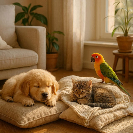Cat and dog sleeping together in the living room. Pet care concept.の写真素材