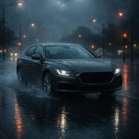 Car driving through heavy rain on a rainy night. 3D renderingの写真素材
