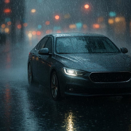 Car on the wet road in heavy rain. Shallow DOFの写真素材