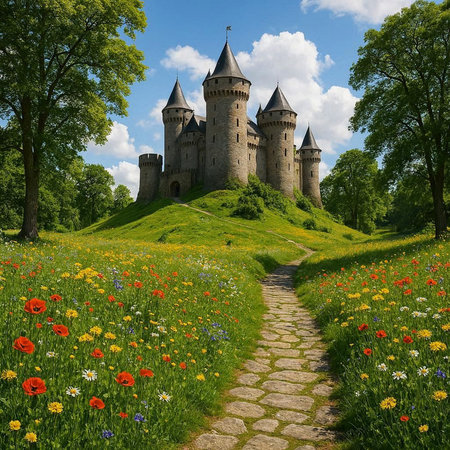 Castle in the meadow with red poppies and flowersの写真素材