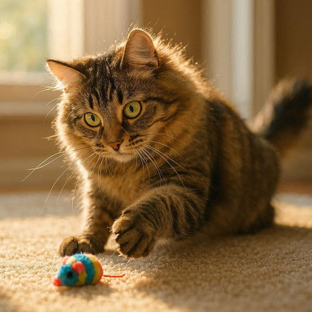 Cute tabby cat playing with a toy on the floor.