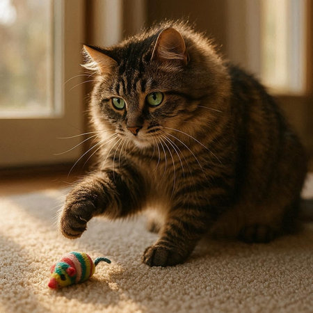 Cute tabby cat playing with a toy on the floor.