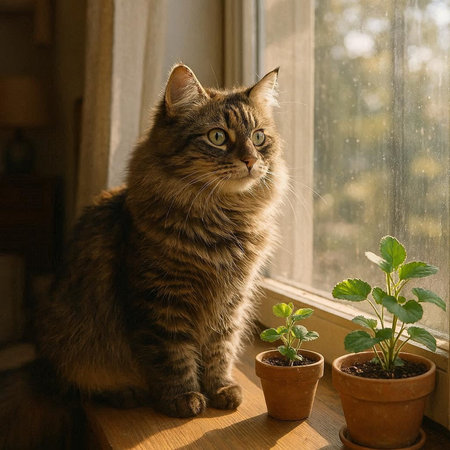 Cat sitting on a window sill with a plant in a pot.の写真素材