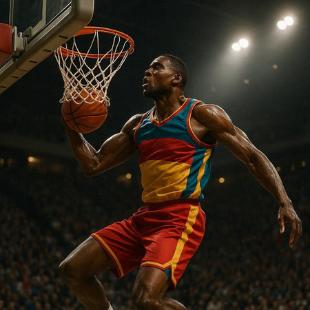 basketball game sport player in action isolated on black background with spotlights