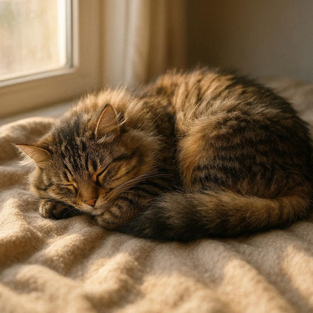 Siberian cat sleeps on the windowsill in the sunlight.の写真素材