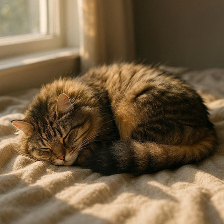 Cute tabby cat sleeping on the windowsill at home.の写真素材