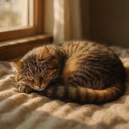 Cute tabby cat sleeping on the windowsill. Cozy home.